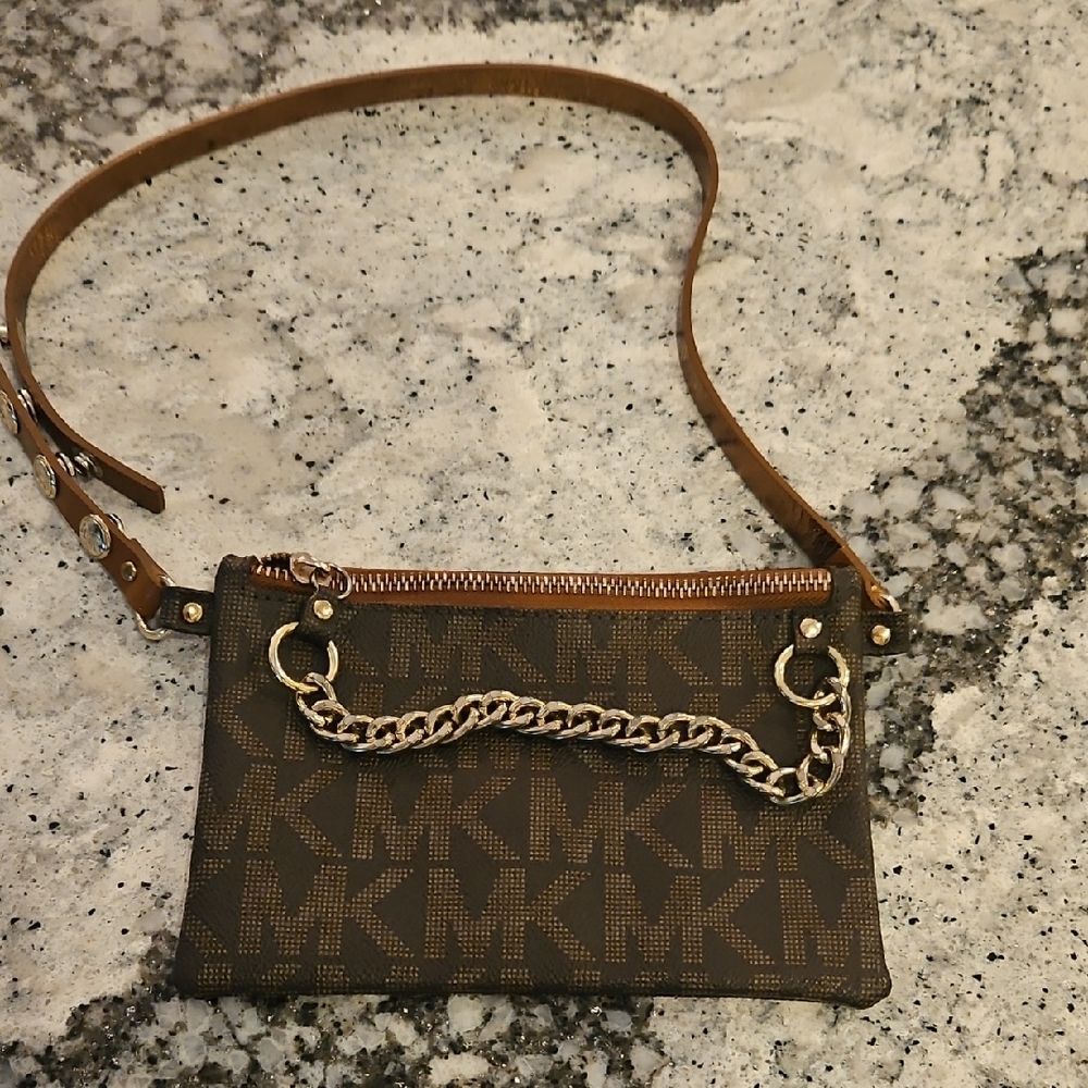 Michael Kors Brown Logo Wristlet with Chain Accent
